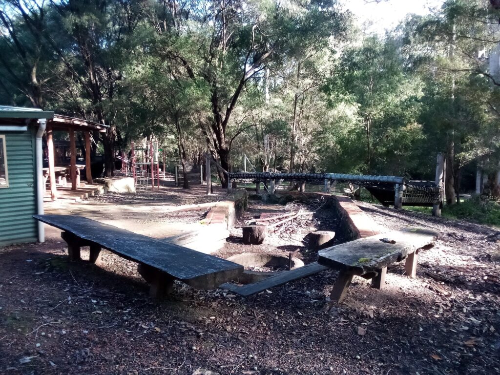 Picnic area with driftwood benches and a cosy firepit, perfect for camping at Pemberton Camp, Fairbridge